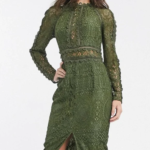 ASOS Design Long Sleeve Pencil Dress in Lace with Geo Lace Trims-Green